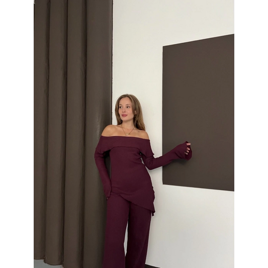 Asimetrik Madonna Yaka Takım Bordo