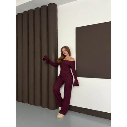 Asimetrik Madonna Yaka Takım Bordo