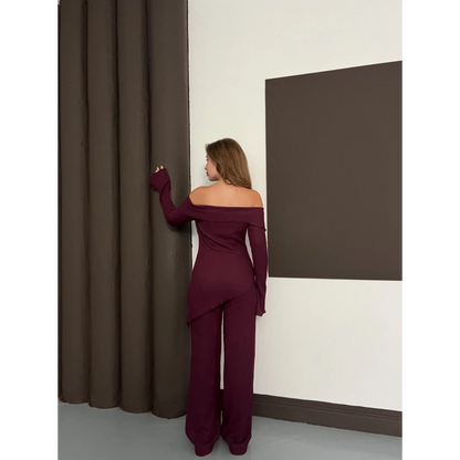 Asimetrik Madonna Yaka Takım Bordo