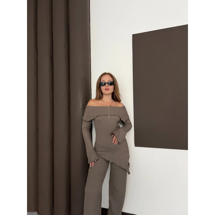 Asimetrik Madonna Yaka Takım Vizon