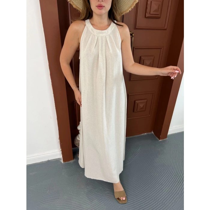 Ayarlanabilir Askılı Keten Elbise Beyaz