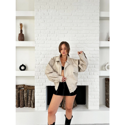 Bel Lastikli Çıtçıtlı Deri Bomber Ceket Krem