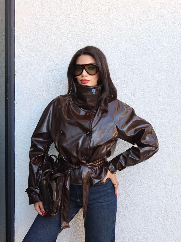 Belden Bağlamalı Rugan Ceket