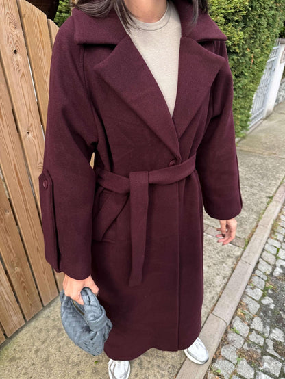 Bordo Yün Karışımlı Casual Kaşe Kaban