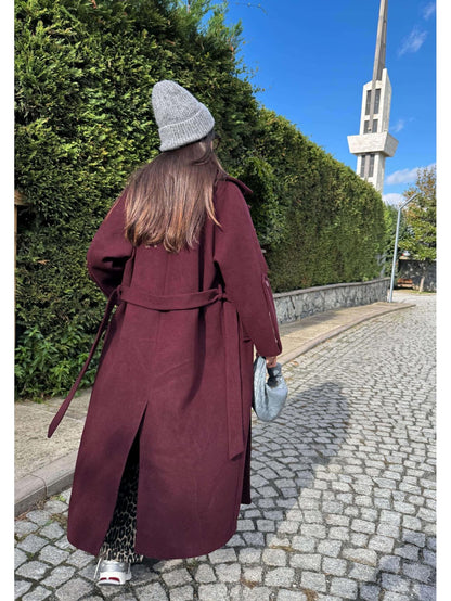 Bordo Yün Karışımlı Casual Kaşe Kaban