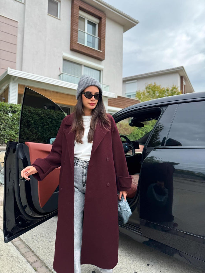 Bordo Yün Karışımlı Premium Blend Kaban