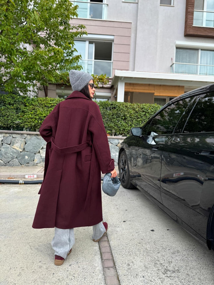 Bordo Yün Karışımlı Premium Blend Kaban