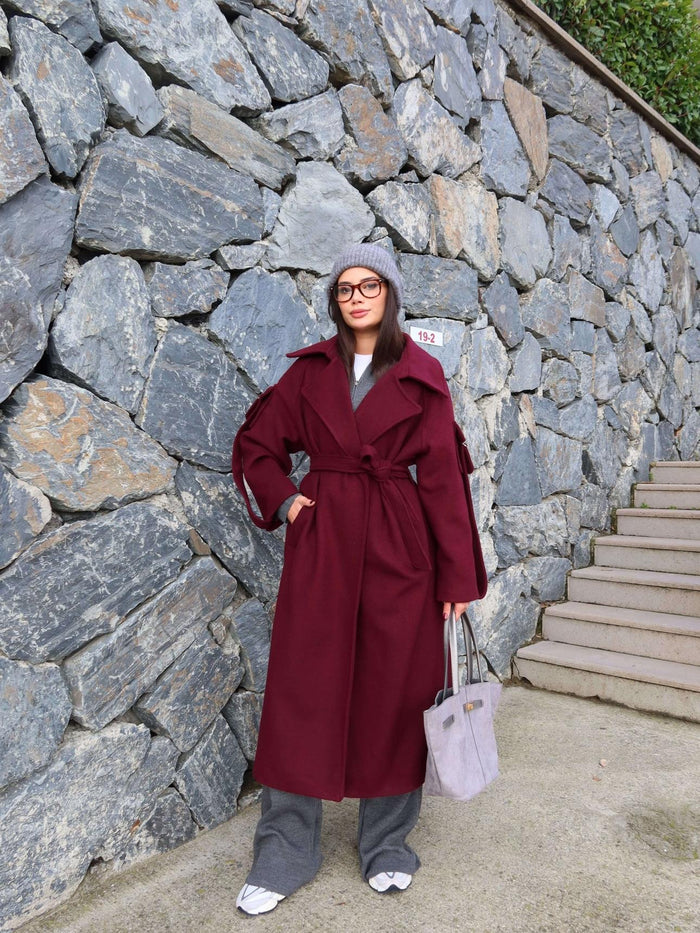 Bordo Yün Karışımlı Sleeve Pocket Kaban