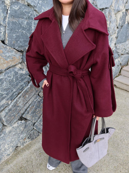 Bordo Yün Karışımlı Sleeve Pocket Kaban