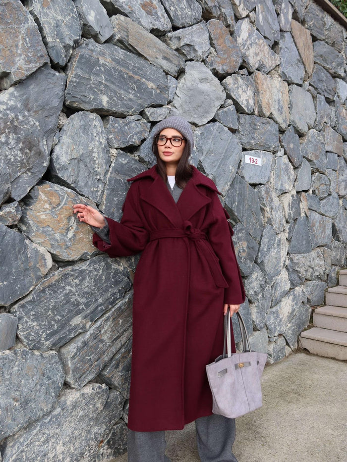 Bordo Yün Karışımlı Sleeve Pocket Kaban