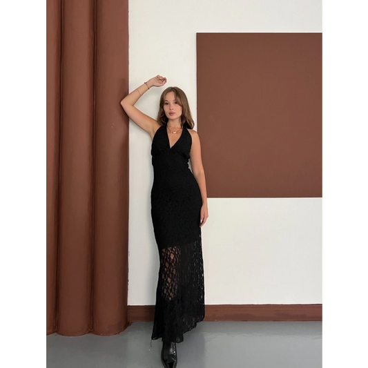 Boyundan Bağlamalı Örgü Detaylı Uzun Elbise Siyah