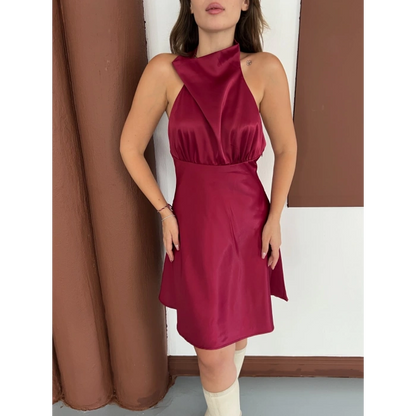 Boyundan Bağlamalı Saten Mini Elbise Bordo