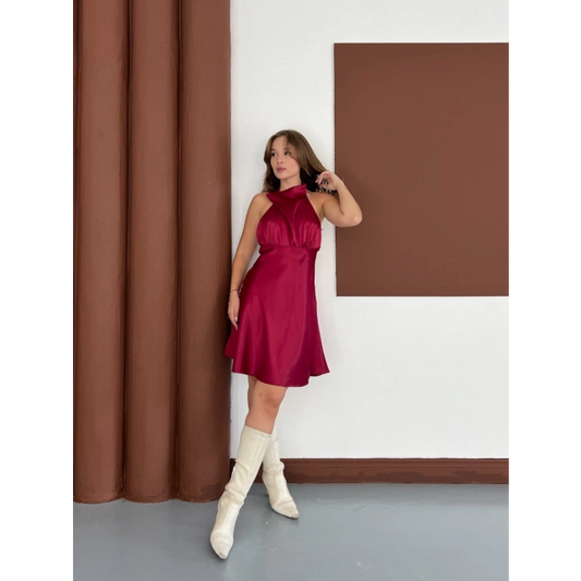 Boyundan Bağlamalı Saten Mini Elbise Bordo