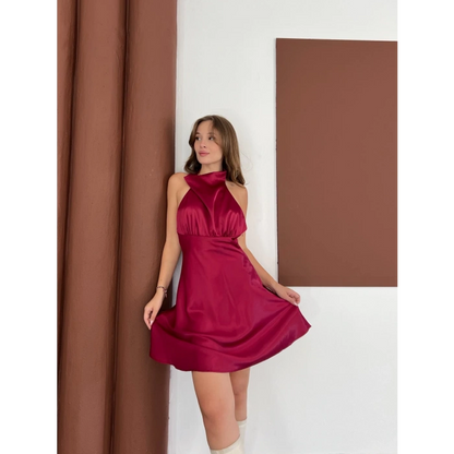 Boyundan Bağlamalı Saten Mini Elbise Bordo