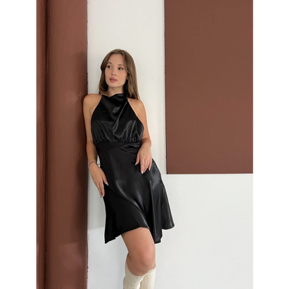 Boyundan Bağlamalı Saten Mini Elbise Siyah