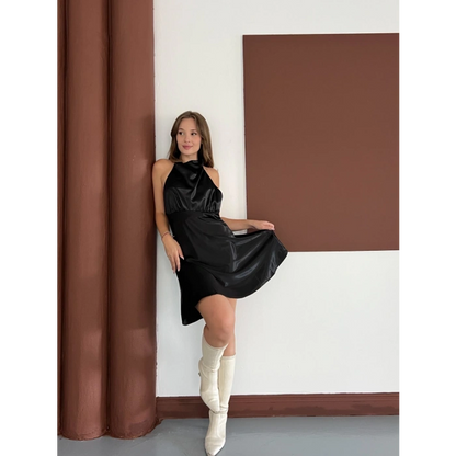 Boyundan Bağlamalı Saten Mini Elbise Siyah