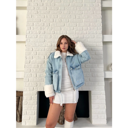 Cep Detaylı Peluş Denim Ceket Mavi
