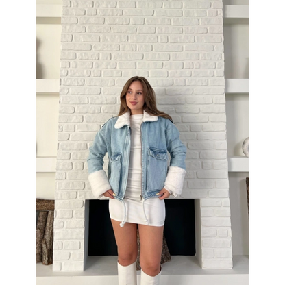 Cep Detaylı Peluş Denim Ceket Mavi