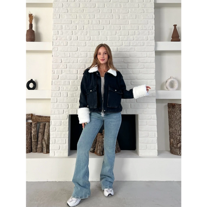Cep Detaylı Peluş Denim Ceket Siyah