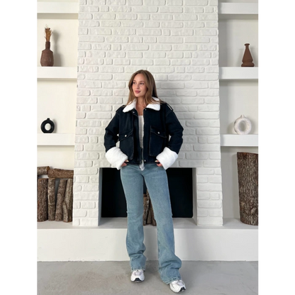 Cep Detaylı Peluş Denim Ceket Siyah