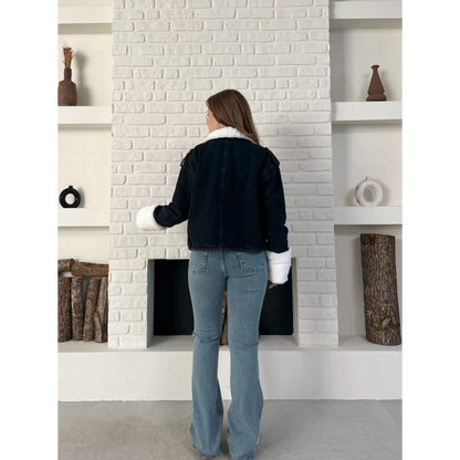 Cep Detaylı Peluş Denim Ceket Siyah