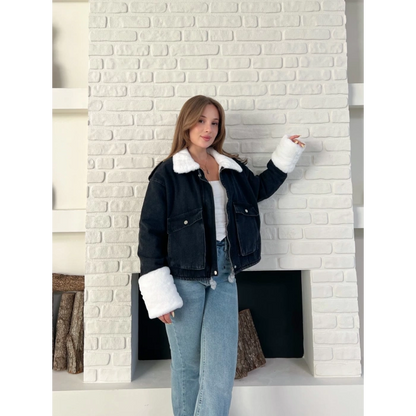 Cep Detaylı Peluş Denim Ceket Siyah