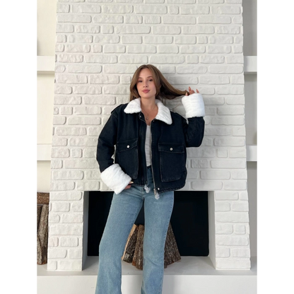 Cep Detaylı Peluş Denim Ceket Siyah