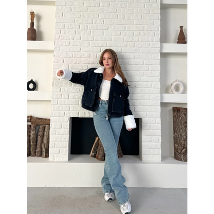 Cep Detaylı Peluş Denim Ceket Siyah