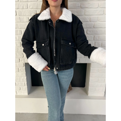 Cep Detaylı Peluş Denim Ceket Siyah