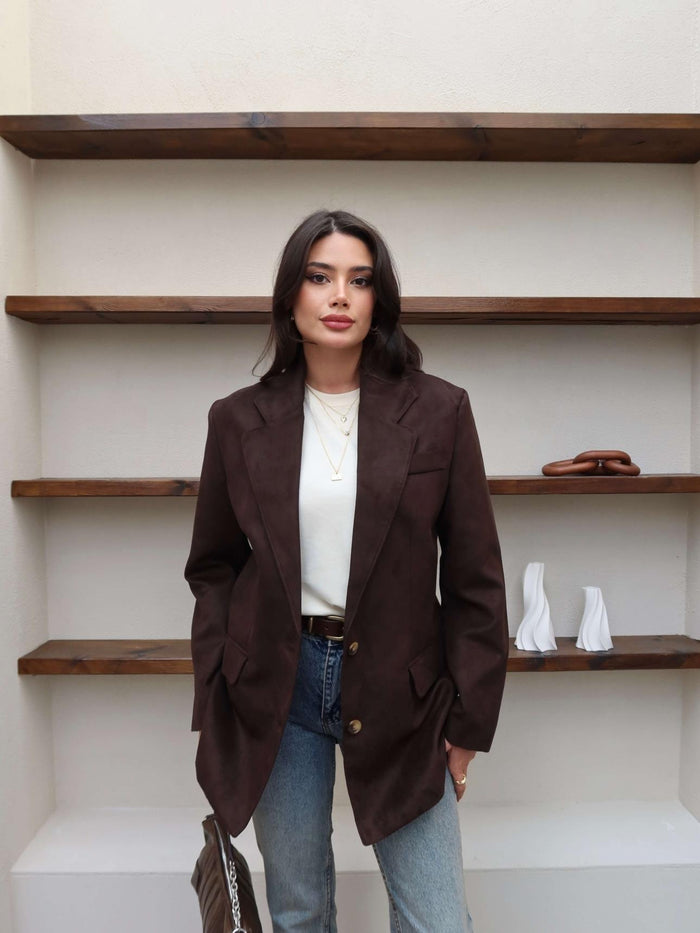 Cep Detaylı Süet Oversize Blazer Ceket