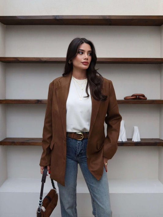 Cep Detaylı Süet Oversize Blazer Ceket Kahverengi