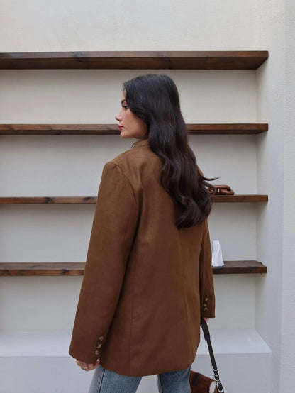 Cep Detaylı Süet Oversize Blazer Ceket