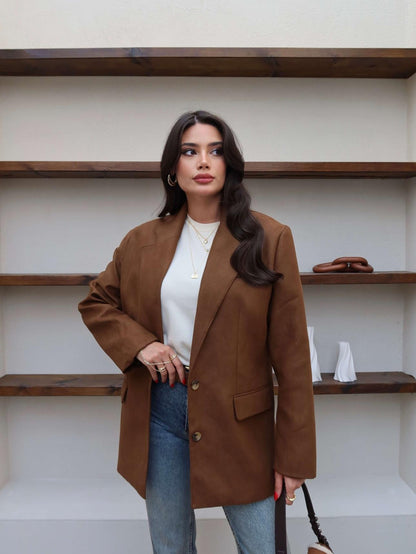Cep Detaylı Süet Oversize Blazer Ceket