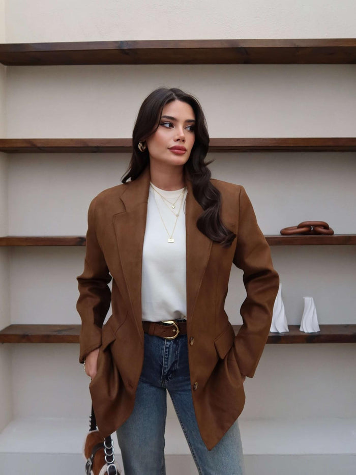 Cep Detaylı Süet Oversize Blazer Ceket