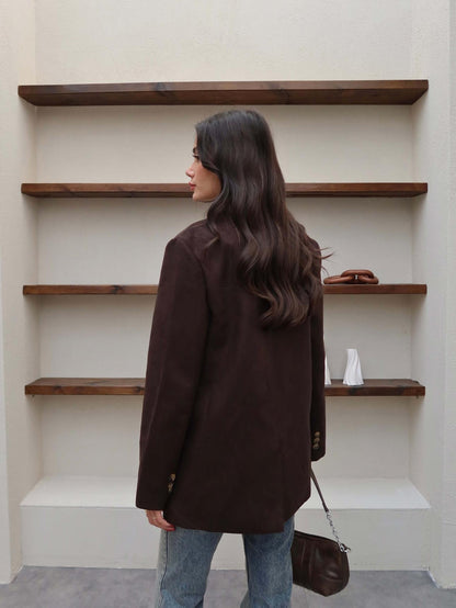 Cep Detaylı Süet Oversize Blazer Ceket