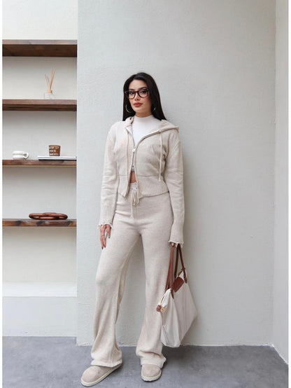 Çift Fermuarlı Triko Takım Taş Rengi