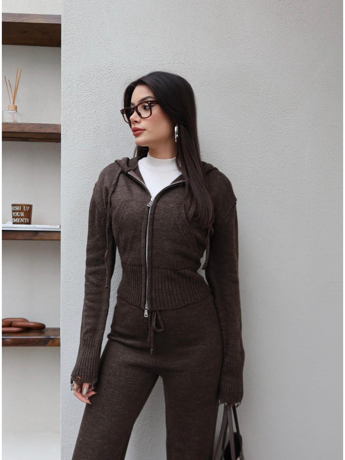 Çift Fermuarlı Triko Takım Acı Kahve