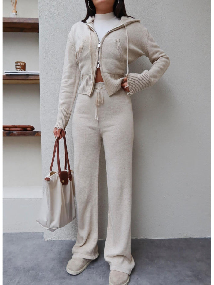 Çift Fermuarlı Triko Takım Taş Rengi