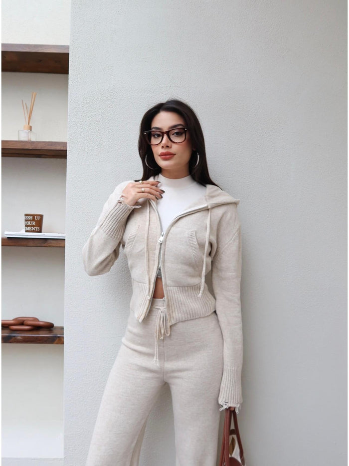 Çift Fermuarlı Triko Takım Taş Rengi