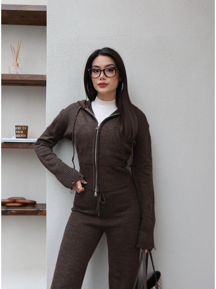 Çift Fermuarlı Triko Takım Acı Kahve