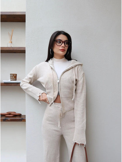 Çift Fermuarlı Triko Takım Taş Rengi