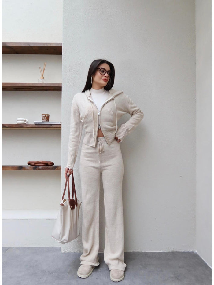 Çift Fermuarlı Triko Takım Taş Rengi