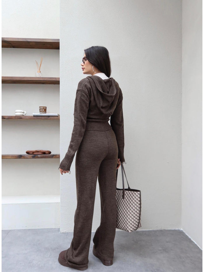 Çift Fermuarlı Triko Takım Acı Kahve