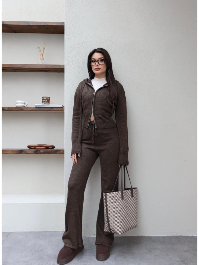 Çift Fermuarlı Triko Takım Acı Kahve