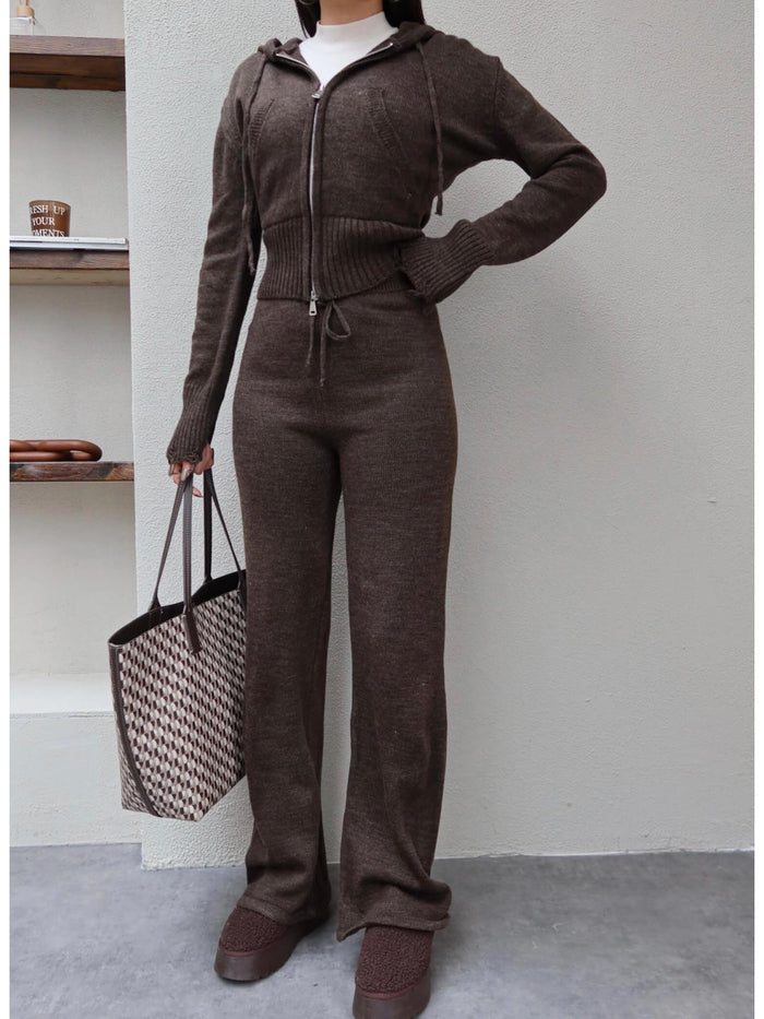 Çift Fermuarlı Triko Takım Acı Kahve