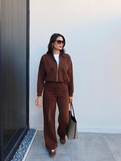 Çimalı Fermuar Detay Şardonlu Eşofman Takım Kahve