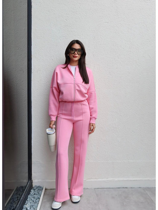 Çimalı Fermuar Detay Şardonlu Eşofman Takım Pembe
