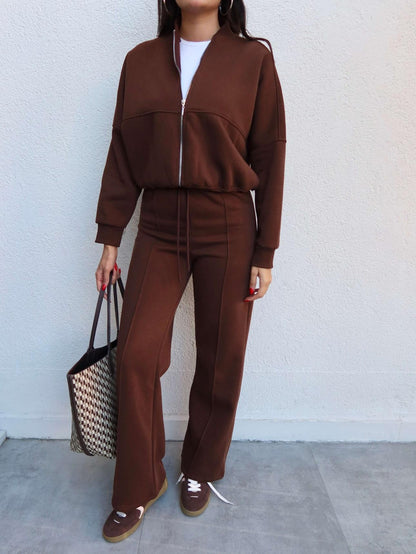 Çimalı Fermuar Detay Şardonlu Eşofman Takım Kahve