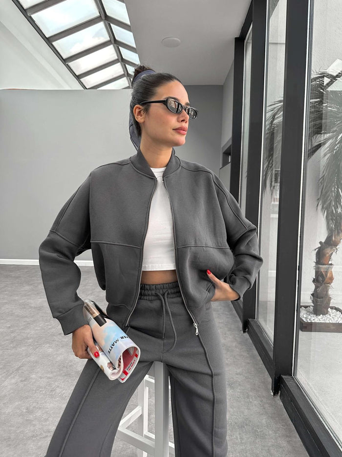 Çimalı Fermuar Detay Şardonlu Eşofman Takım Antrasit