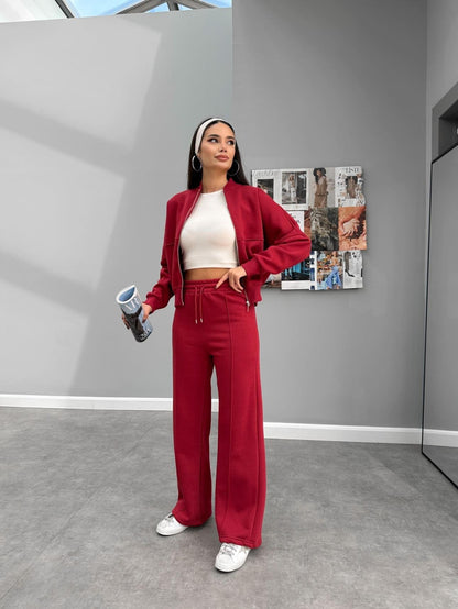 Çimalı Fermuar Detay Şardonlu Eşofman Takım Açık Bordo